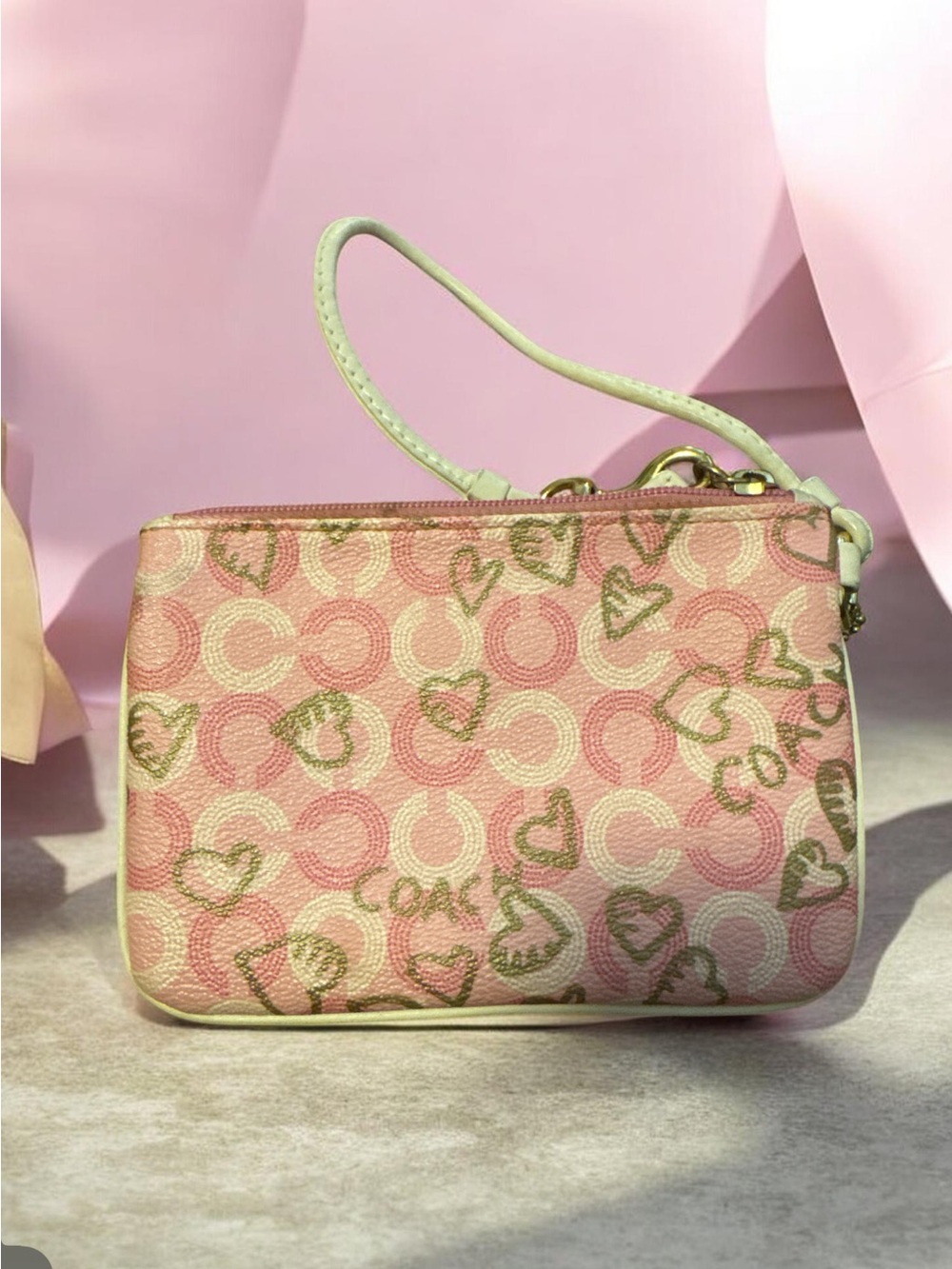 Coach Pink Signature Heart Wristlet with Gold Accent - Picture 3 of 5